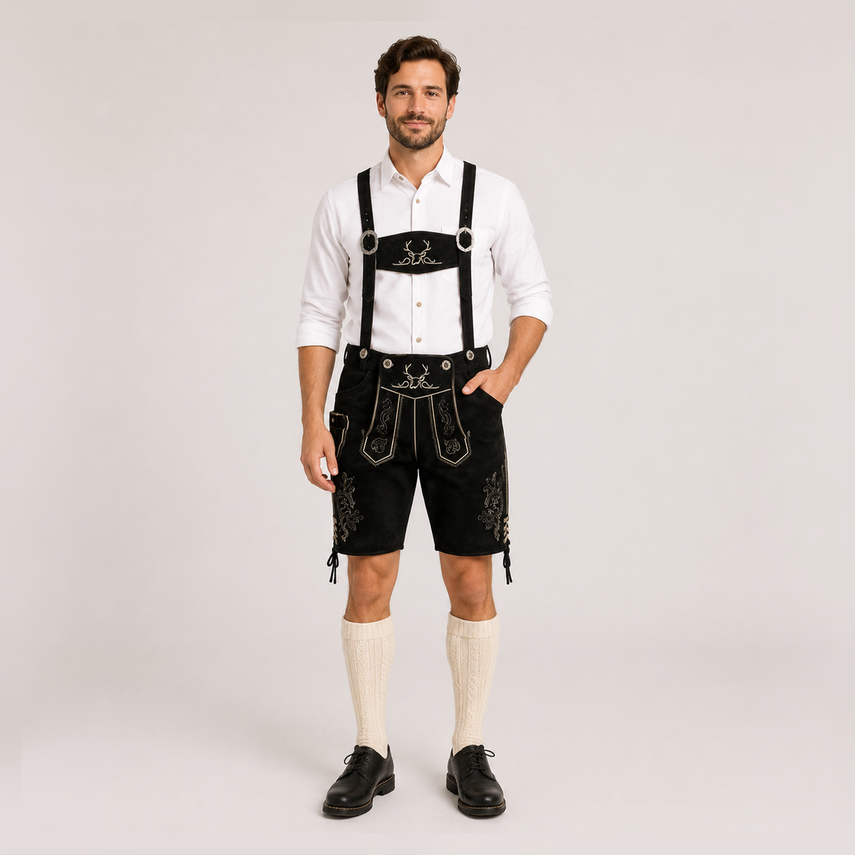 Stag Embroidered Men's Bavarian Lederhosen - Black - Side Lacing