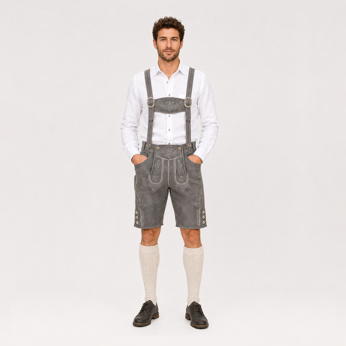 Oak Leaf Embroidered Men's Bavarian Lederhosen - Grey - Side Buttons