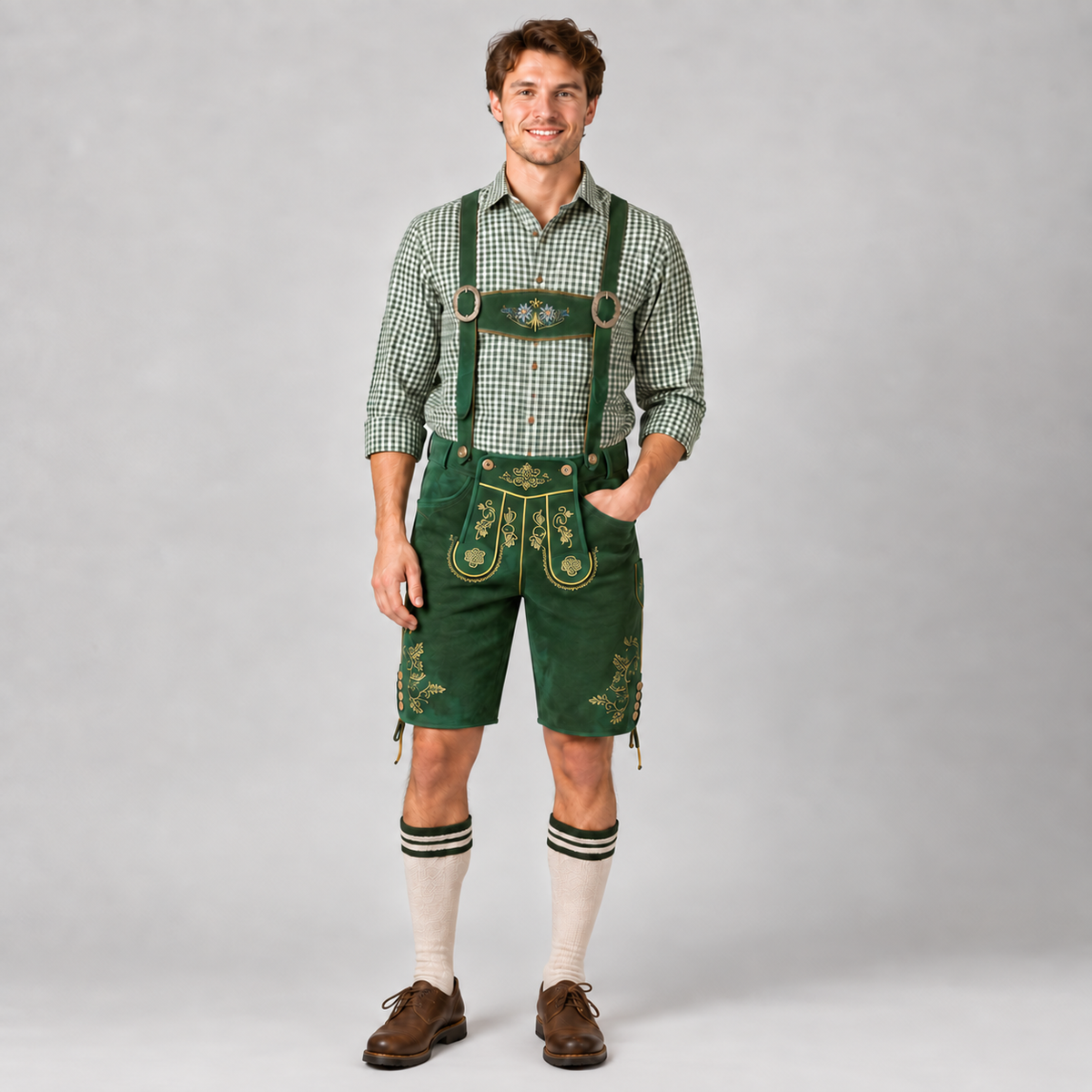Edelweiss Embroidered Men's Bavarian Lederhosen - Green - Side Lacing