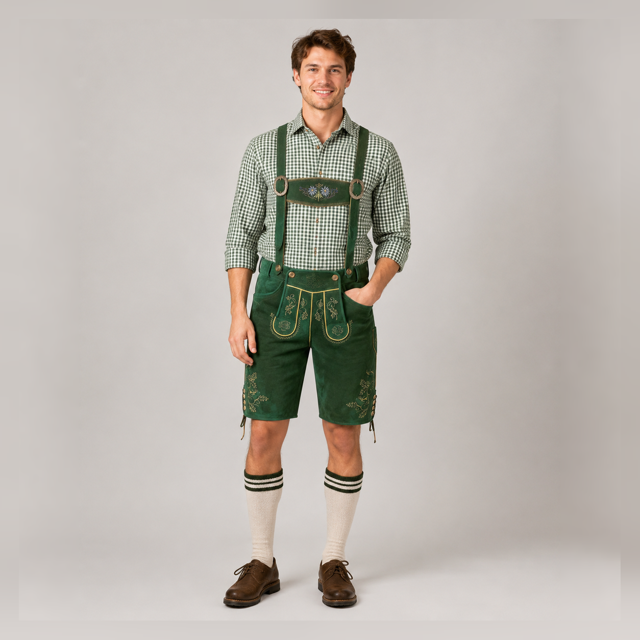 Edelweiss Embroidered Men's Bavarian Lederhosen - Green - Side Lacing