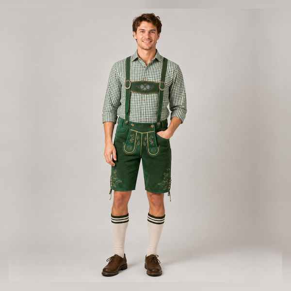 Edelweiss Embroidered Men's Bavarian Lederhosen - Green - Side Lacing