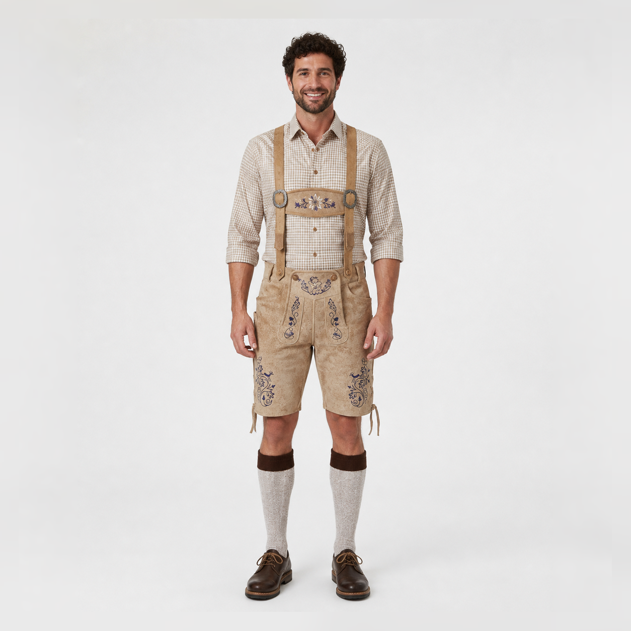 Edelweiss Embroidered Men's Bavarian Lederhosen - Tan/Beige - Side Lacing