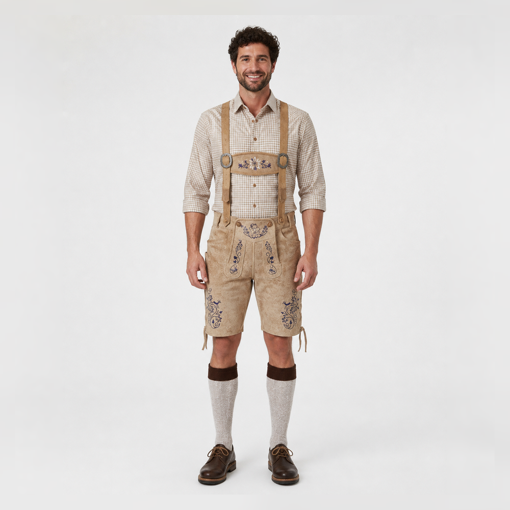 Edelweiss Embroidered Men's Bavarian Lederhosen - Tan/Beige - Side Lacing