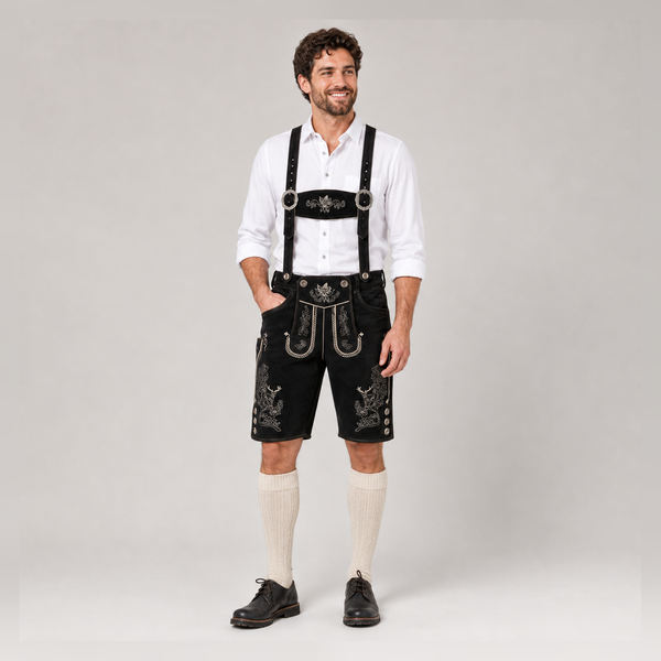 Edelweiss Embroidered Men's Bavarian Lederhosen - Black - Side Buttons