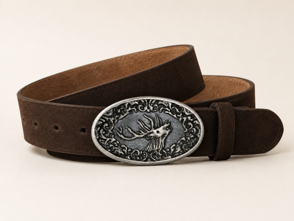 Men's Dark Brown Suede Bavarian Lederhosen Belt - Alpine Stag Crest Buckle - product image 1