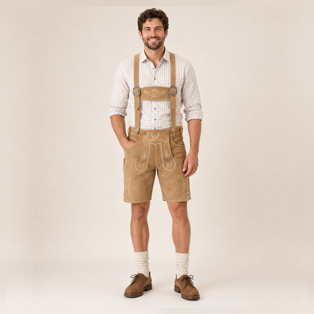 Edelweiss Embroidered Men's Bavarian Lederhosen - Tan/Beige - Side Buttons