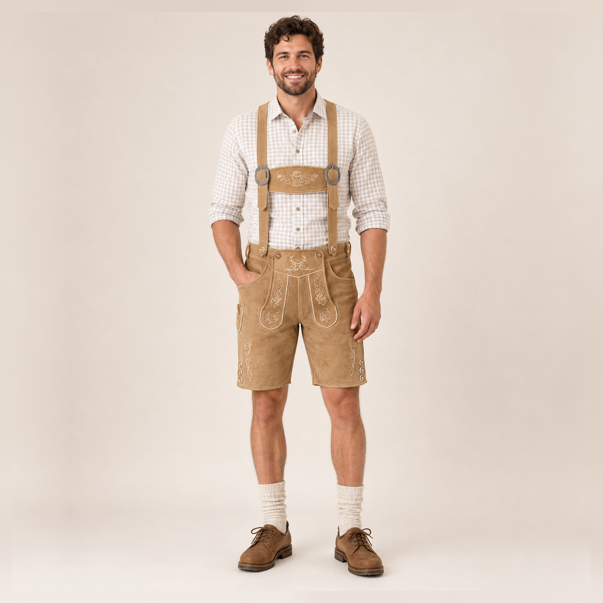 Edelweiss Embroidered Men's Bavarian Lederhosen - Tan/Beige - Side Buttons