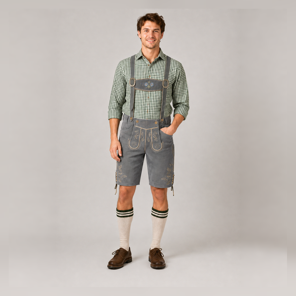 Edelweiss Embroidered Men's Bavarian Lederhosen - Grey - Side Lacing