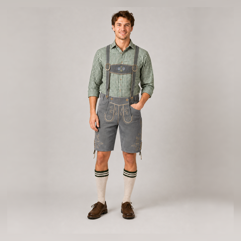 Edelweiss Embroidered Men's Bavarian Lederhosen - Grey - Side Lacing