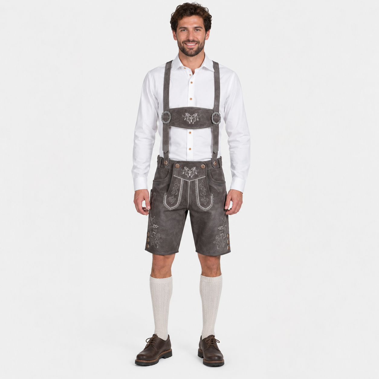 Stag Embroidered Men's Bavarian Lederhosen - Grey - Side Buttons - image 1