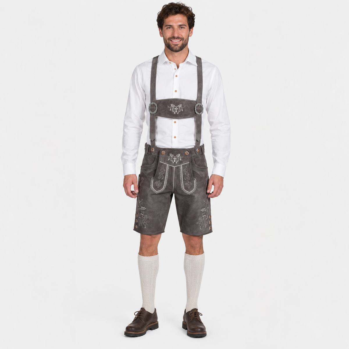 Stag Embroidered Men's Bavarian Lederhosen - Grey - Side Buttons - image 1