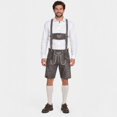 Stag Embroidered Men's Bavarian Lederhosen - Grey - Side Buttons - image 1