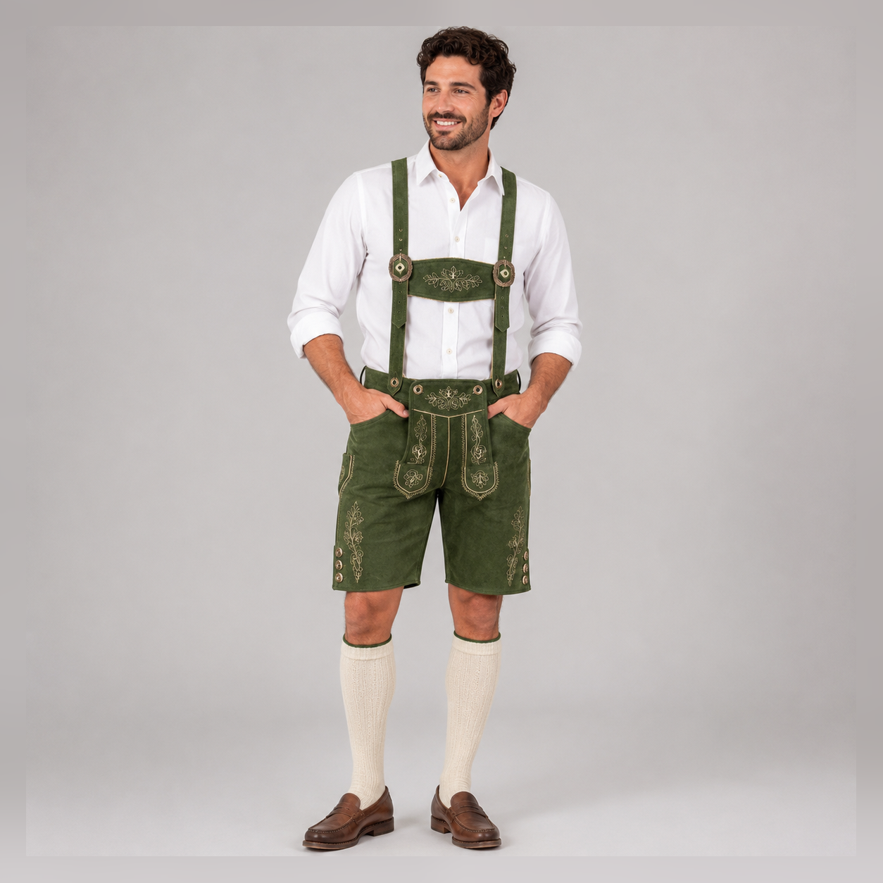 Oak Leaf Embroidered Men's Bavarian Lederhosen - Green - Side Buttons
