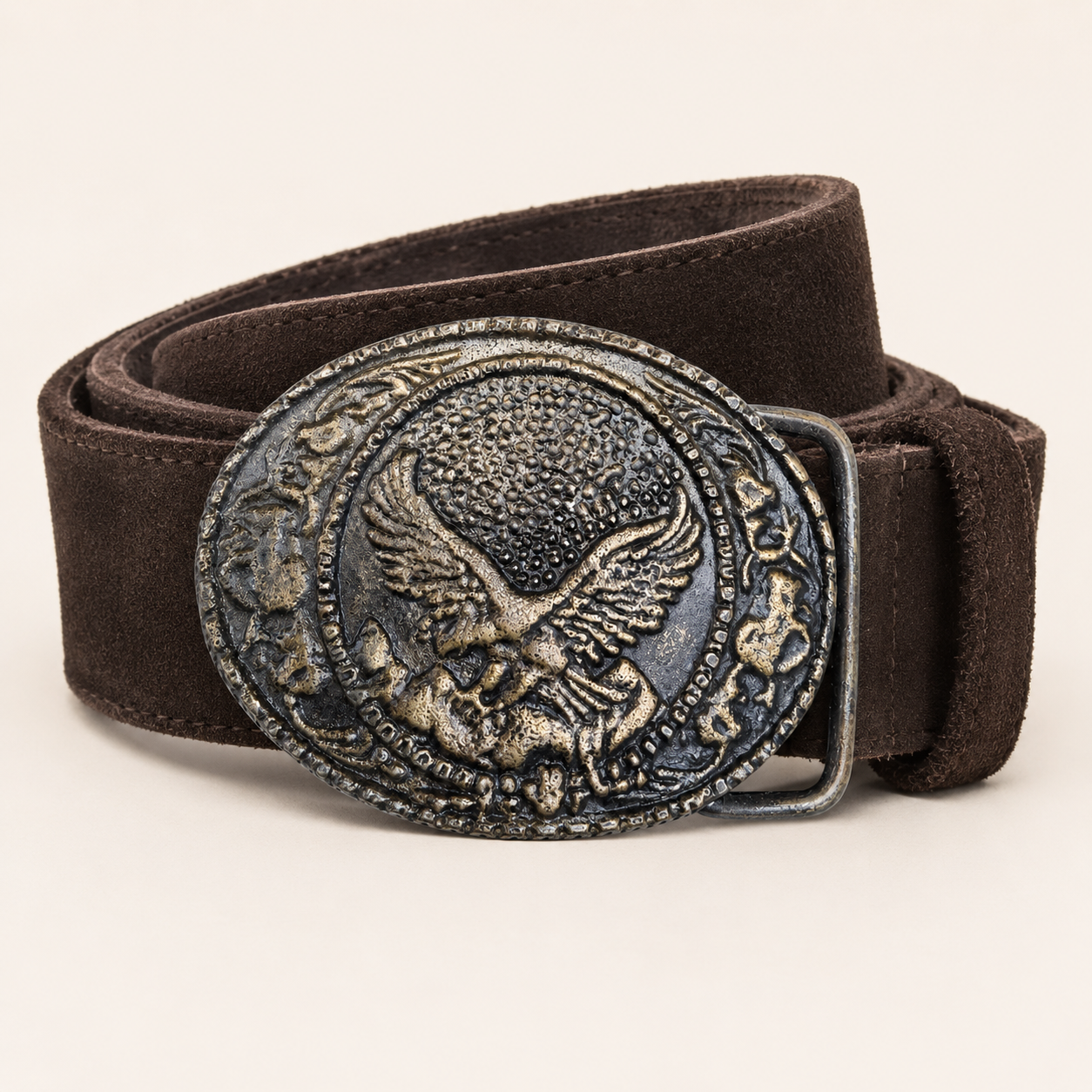 Men's Dark Brown Suede Bavarian Lederhosen Belt - Alpine Eagle Relief Buckle - product image 1