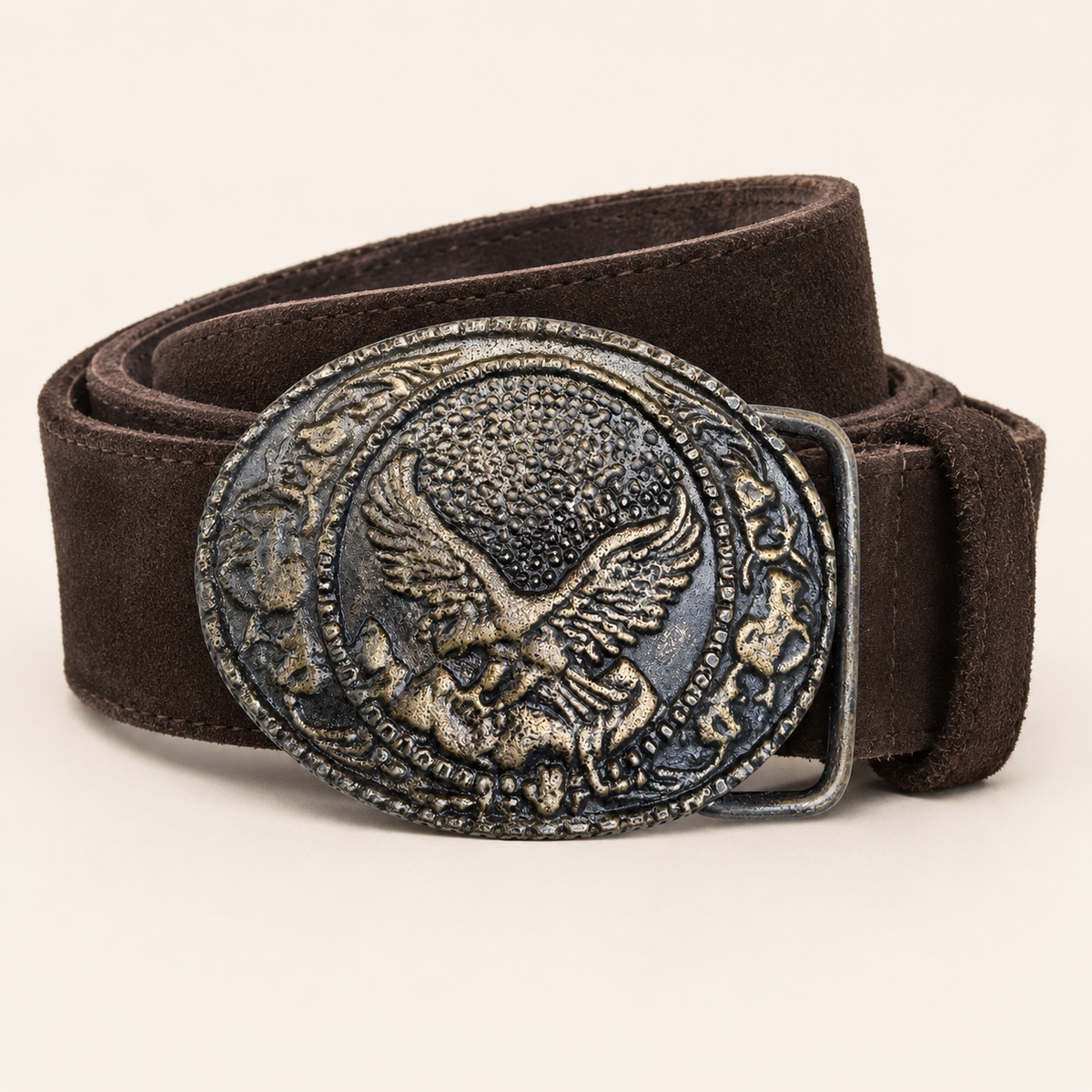 Men's Dark Brown Suede Bavarian Lederhosen Belt - Alpine Eagle Relief Buckle - product image 1