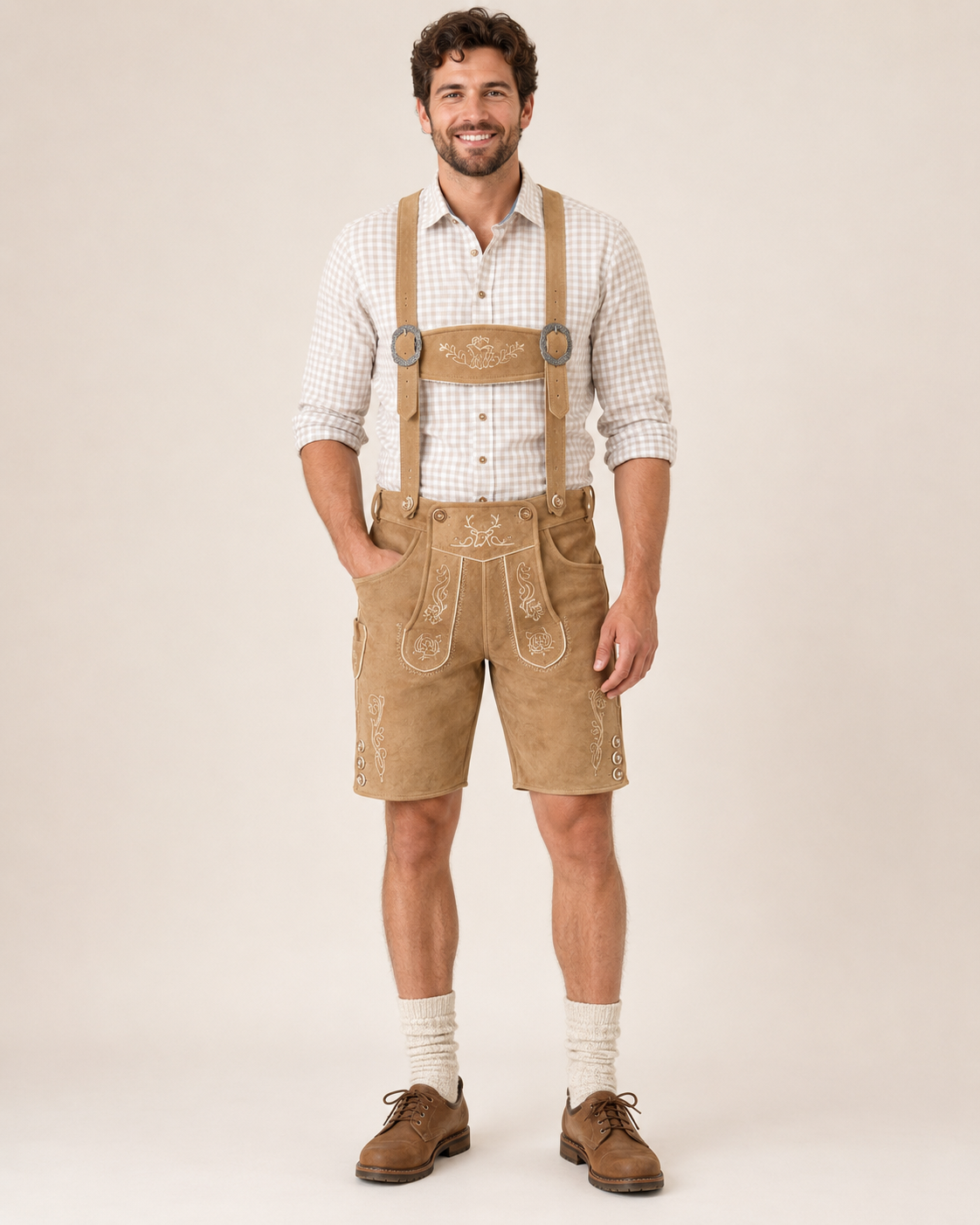 Edelweiss Embroidered Men's Bavarian Lederhosen - Tan/Beige - Side Buttons - image 1