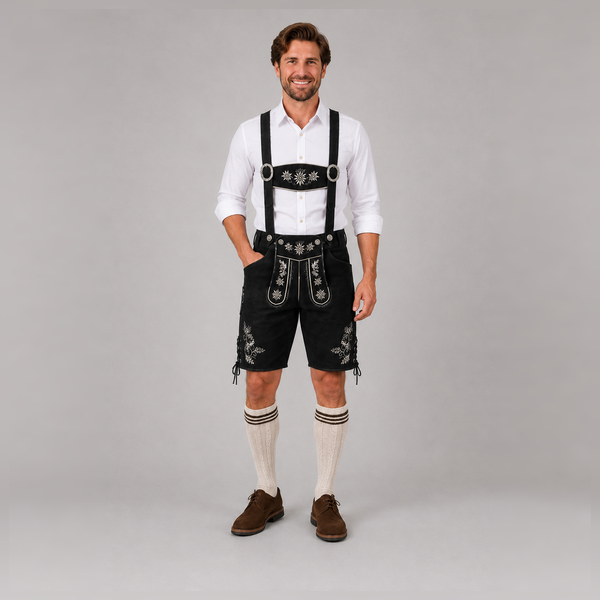 Edelweiss Embroidered Men's Bavarian Lederhosen - Black - Side Lacing