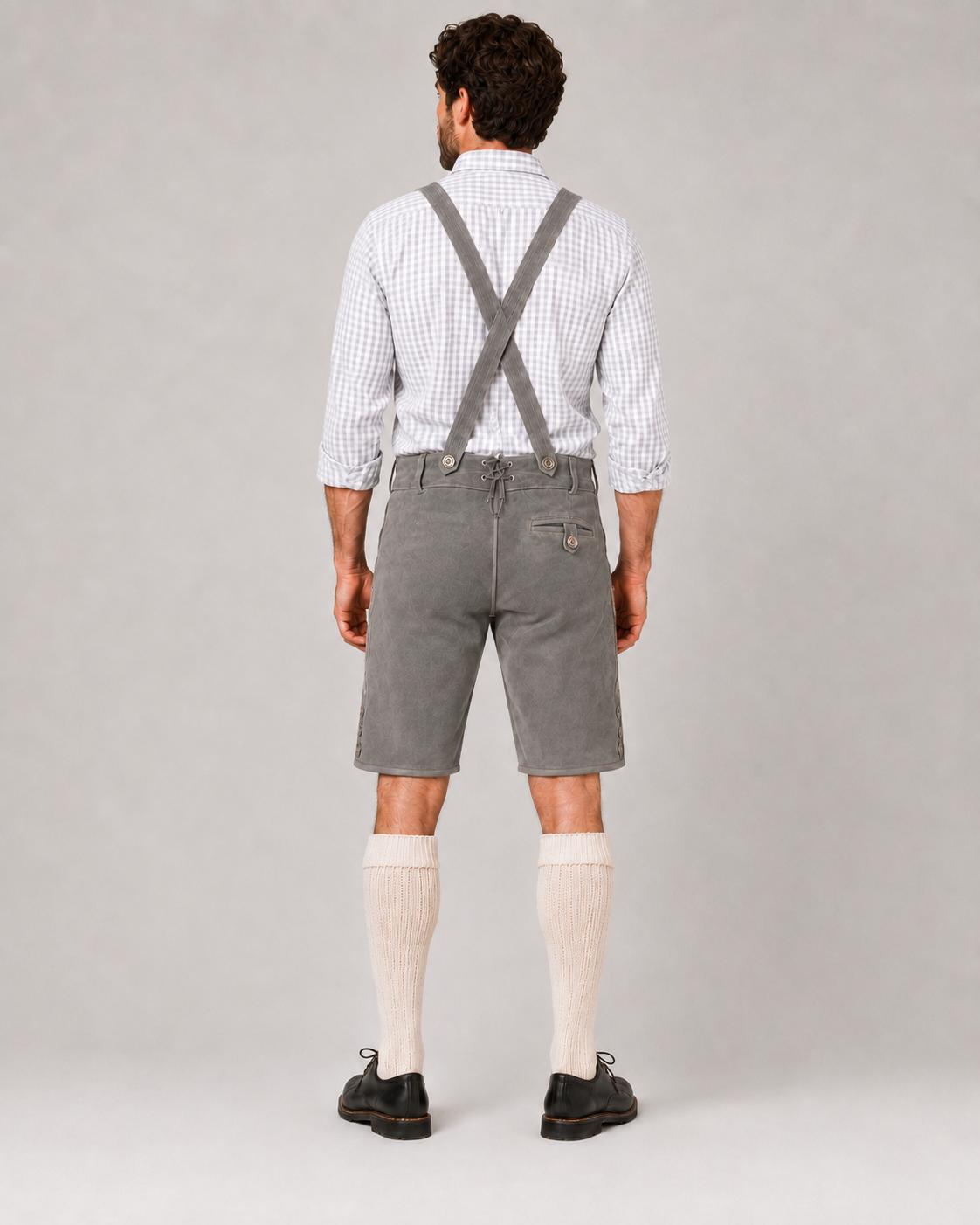 Edelweiss Embroidered Men's Bavarian Lederhosen - Grey - Side Buttons