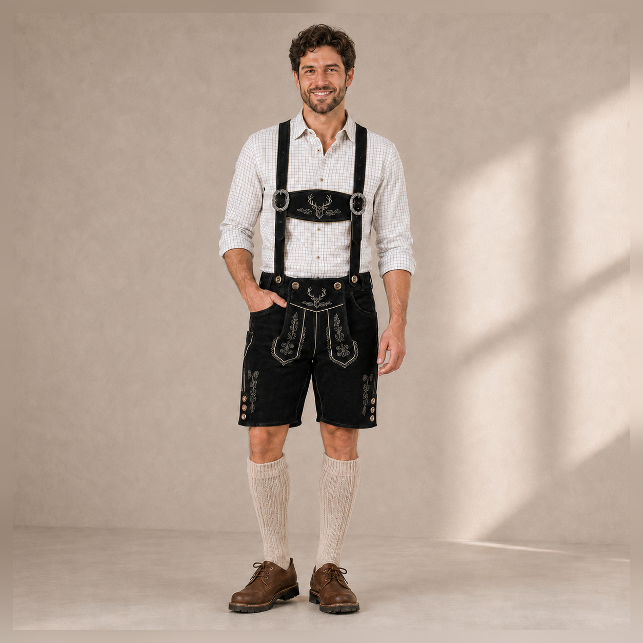 Stag Embroidered Men's Bavarian Lederhosen - Black - Side Buttons
