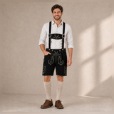Stag Embroidered Men's Bavarian Lederhosen - Black - Side Buttons