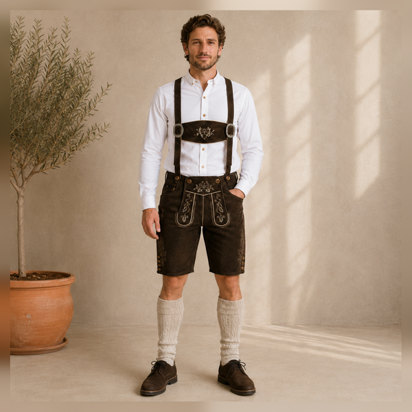 Stag Embroidered Men's Bavarian Lederhosen - Rustic Brown - Side Buttons