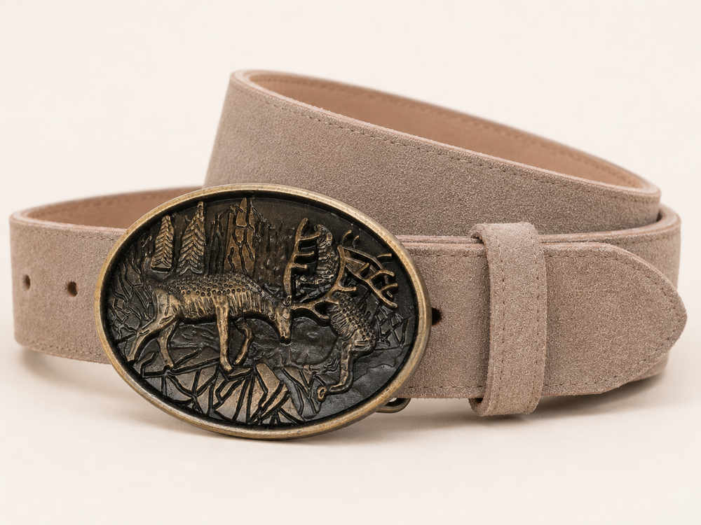Men's Light Taupe Suede Bavarian Lederhosen Belt - Stag & Hound Hunting Scene Buckle - product image 1