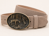 Men's Light Taupe Suede Bavarian Lederhosen Belt - Stag & Hound Hunting Scene Buckle - product image 1