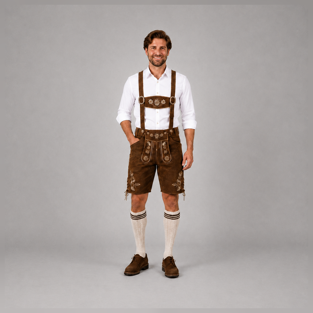 Edelweiss Embroidered Men's Bavarian Lederhosen - Rustic Brown - Side Lacing