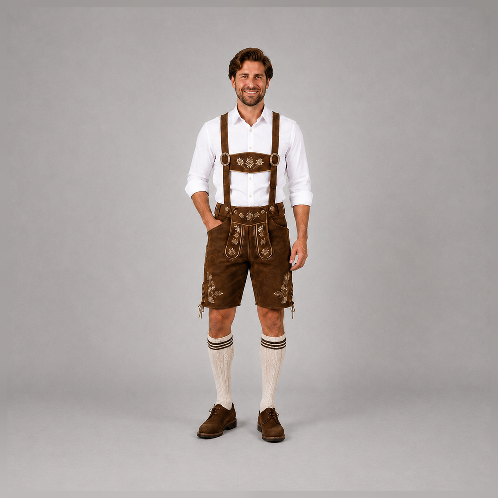 Edelweiss Embroidered Men's Bavarian Lederhosen - Rustic Brown - Side Lacing