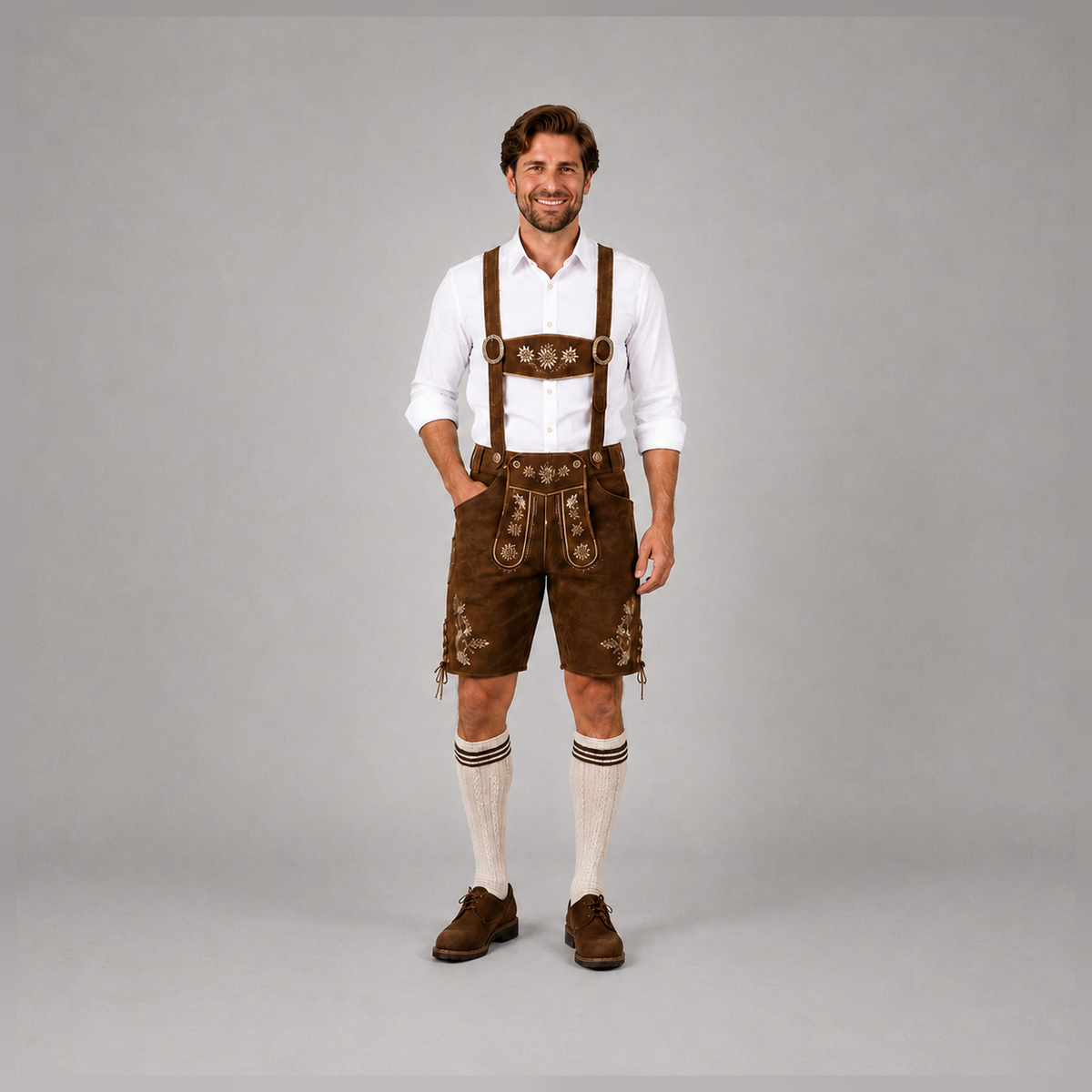 Edelweiss Embroidered Men's Bavarian Lederhosen - Rustic Brown - Side Lacing