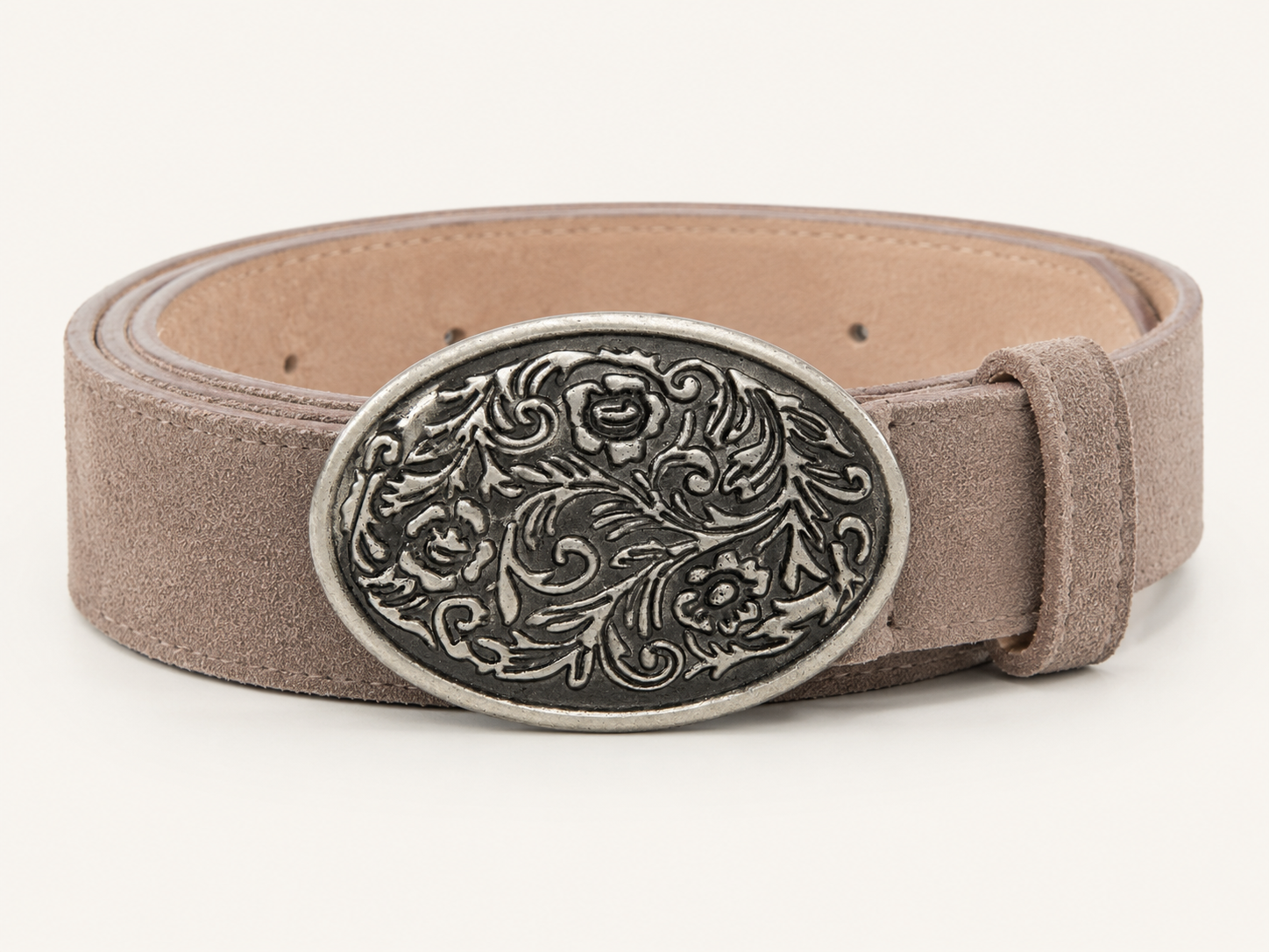 Men's Light Taupe Suede Bavarian Lederhosen Belt - Antique Silver Floral Scroll Buckle - product image 1