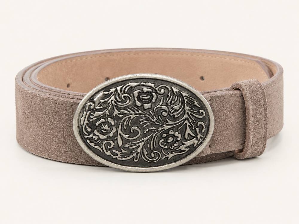 Men's Light Taupe Suede Bavarian Lederhosen Belt - Antique Silver Floral Scroll Buckle - product image 1