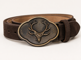 Men's Dark Brown Suede Bavarian Lederhosen Belt - Stag Antler Emblem Buckle - product image 1
