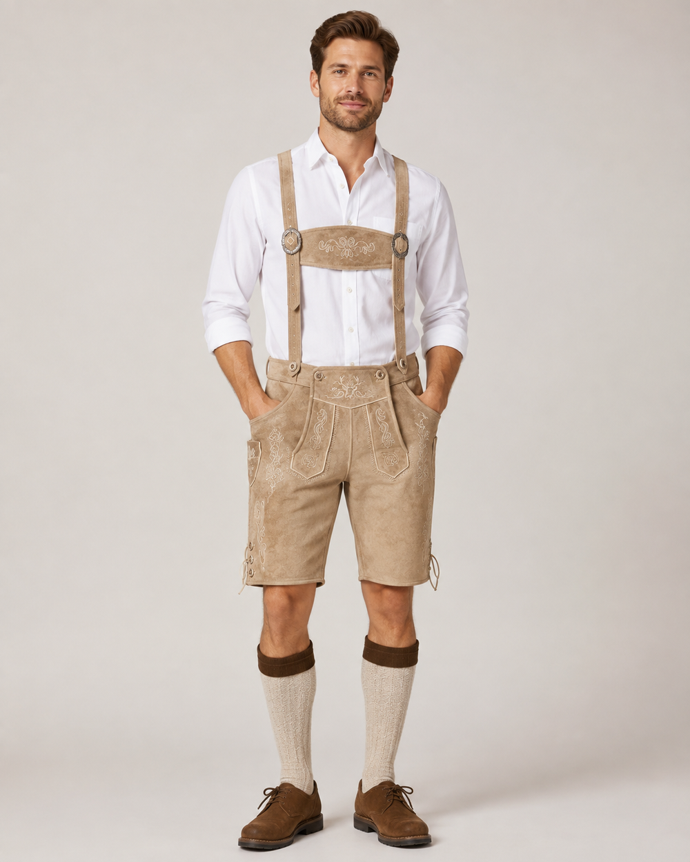 Oak Leaf Embroidered Men's Bavarian Lederhosen - Tan/Beige - Side Lacing - image 1