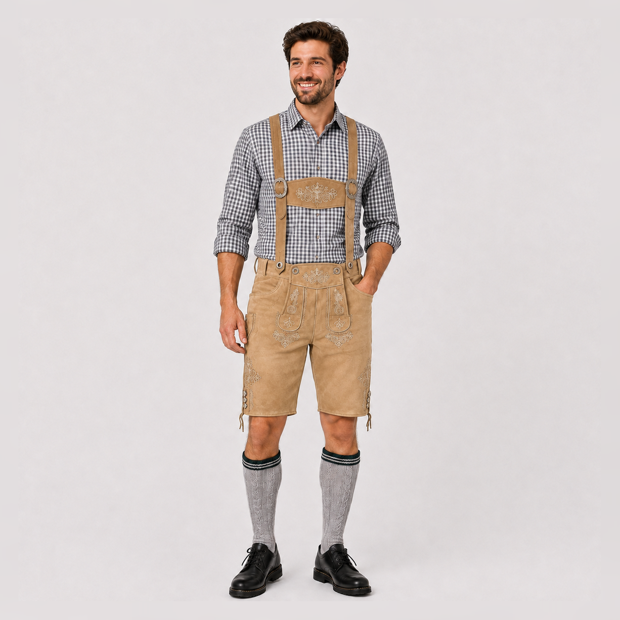 Oak Leaf Embroidered Men's Bavarian Lederhosen - Tan/Beige - Side Lacing