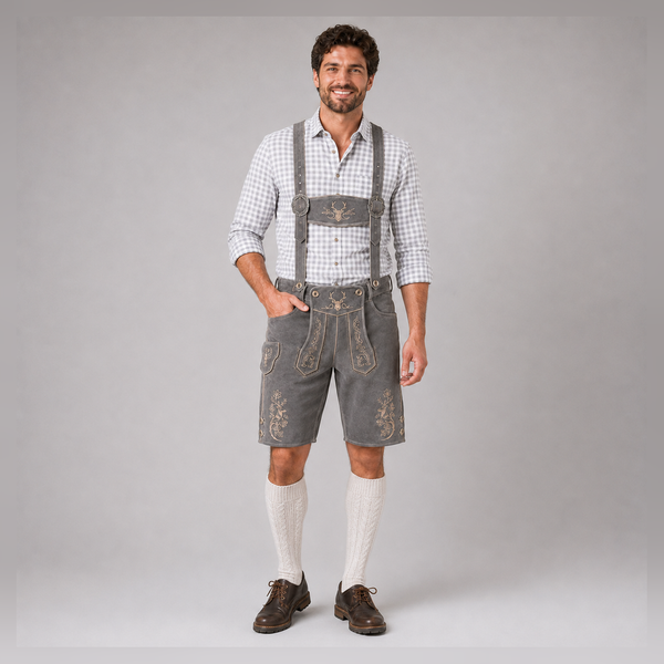 Stag Embroidered Men's Bavarian Lederhosen - Grey - Side Lacing