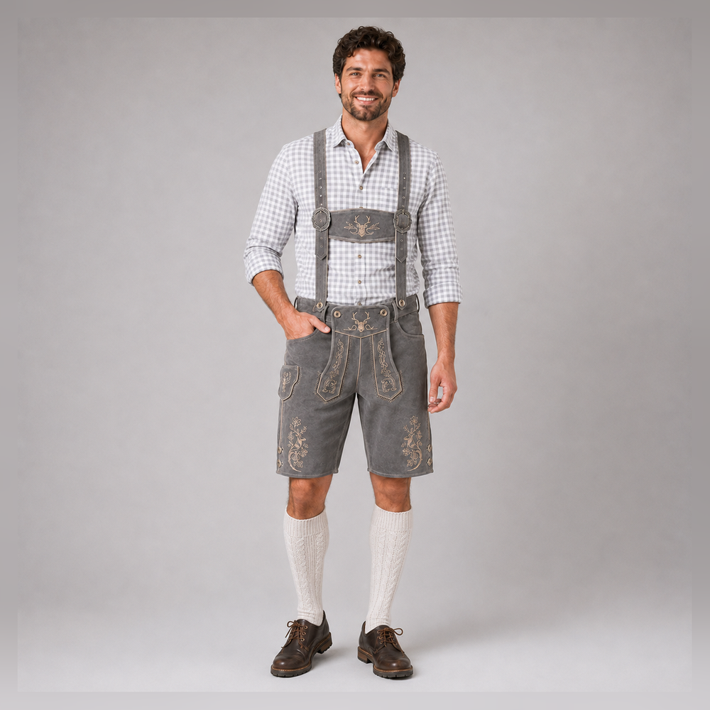 Stag Embroidered Men's Bavarian Lederhosen - Grey - Side Lacing