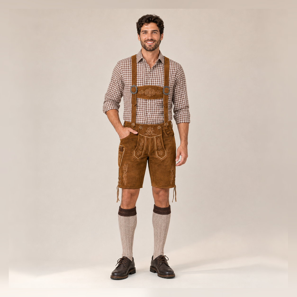 Oak Leaf Embroidered Men's Bavarian Lederhosen - Rustic Brown - Side Lacing