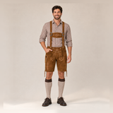 Oak Leaf Embroidered Men's Bavarian Lederhosen - Rustic Brown - Side Lacing