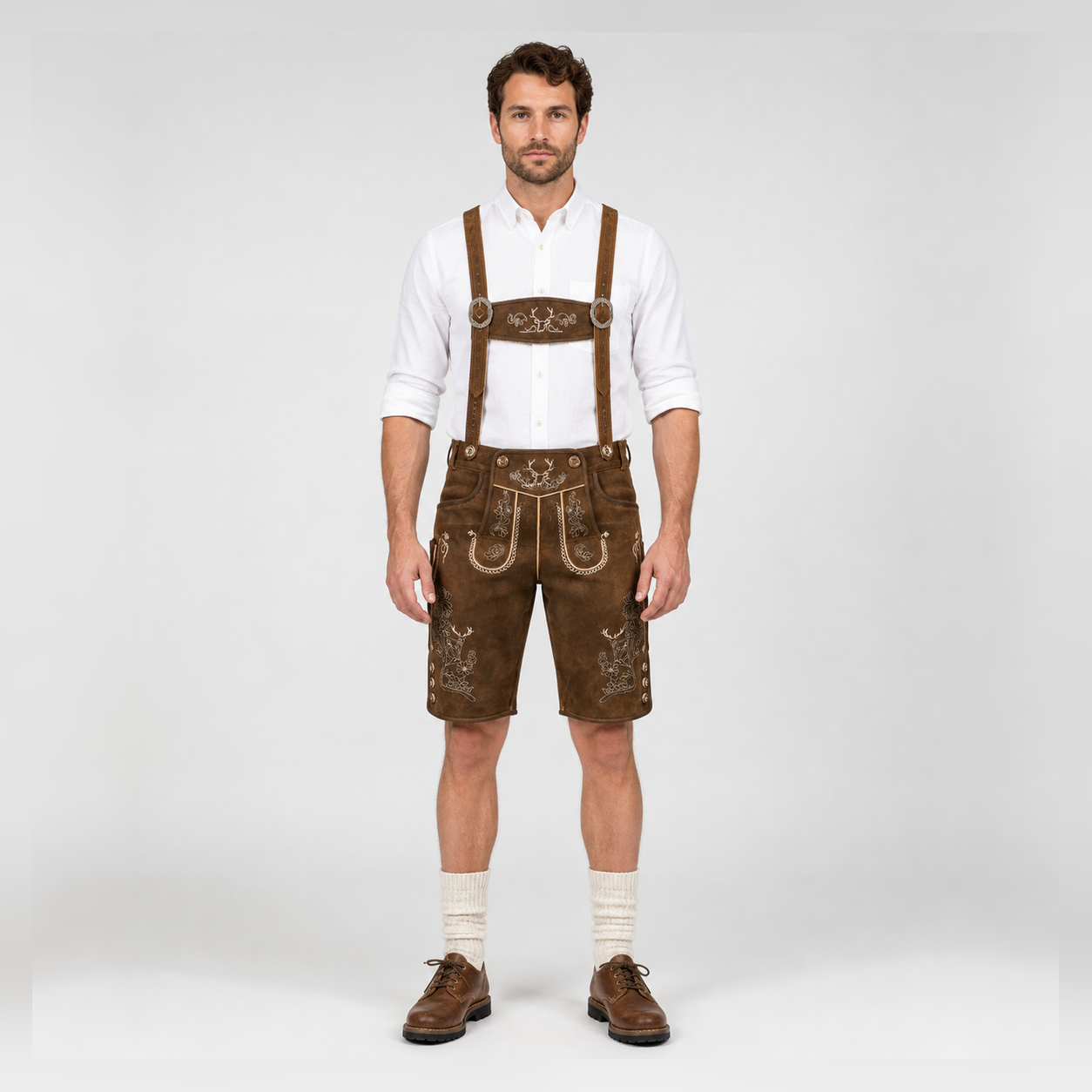 Oak Leaf Embroidered Men's Bavarian Lederhosen - Rustic Brown - Side Buttons