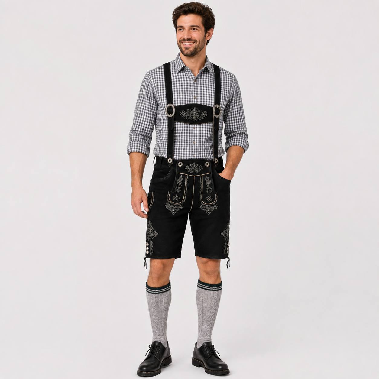 Oak Leaf Embroidered Men's Bavarian Lederhosen - Black - Side Lacing - image 1