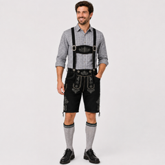 Oak Leaf Embroidered Men's Bavarian Lederhosen - Black - Side Lacing - image 1
