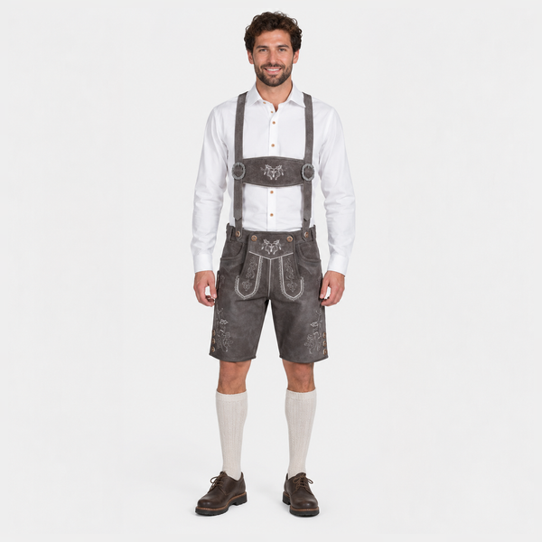 Stag Embroidered Men's Bavarian Lederhosen - Grey - Side Buttons