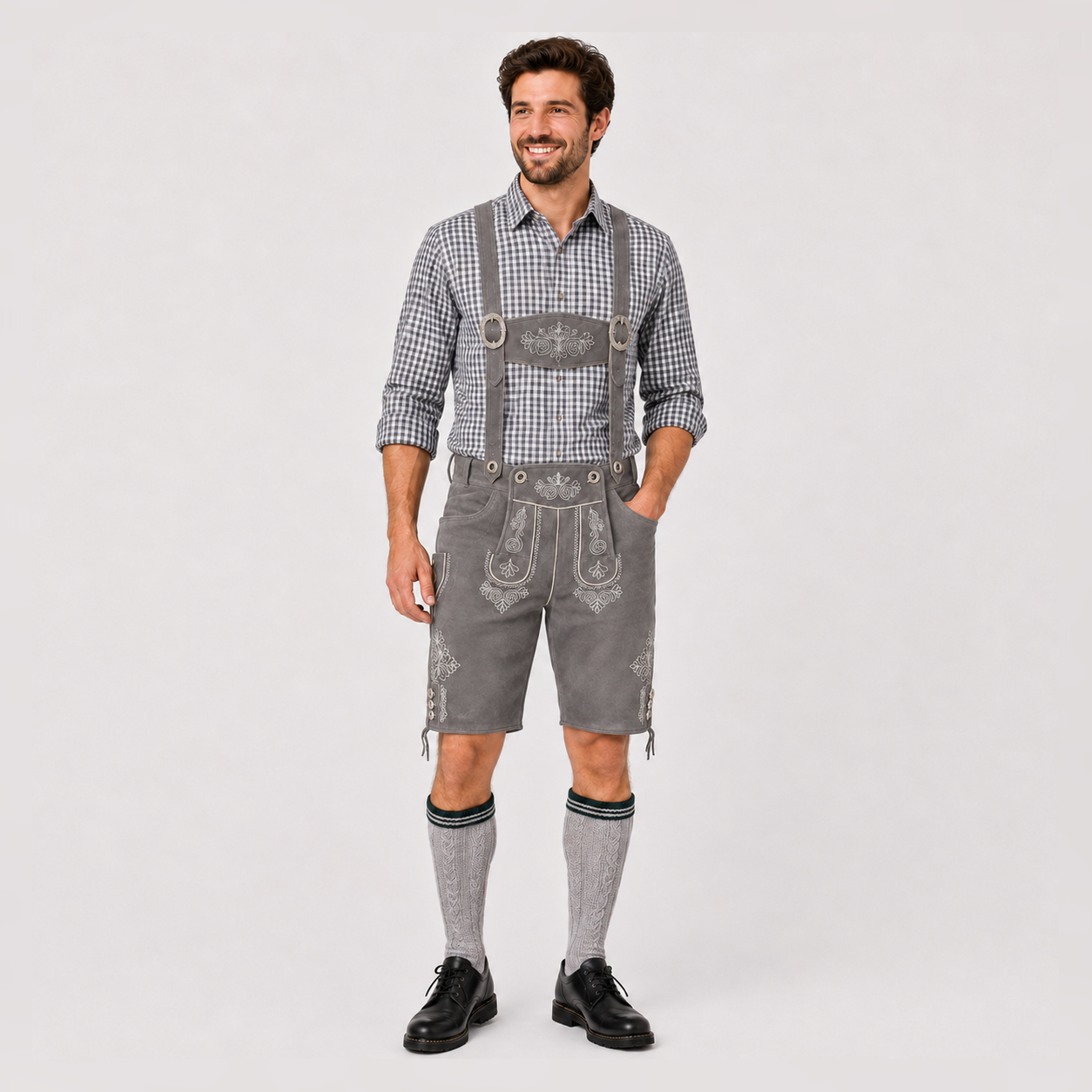 Oak Leaf Embroidered Men's Bavarian Lederhosen - Grey - Side Lacing