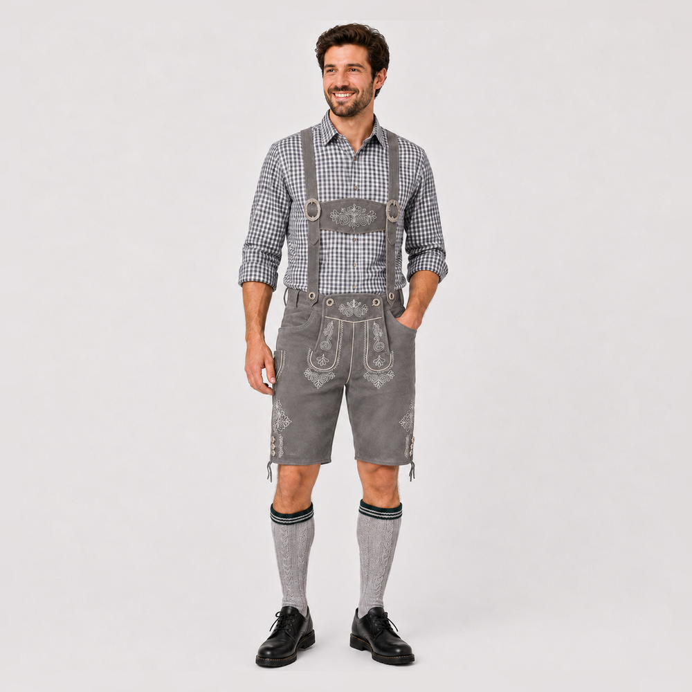 Oak Leaf Embroidered Men's Bavarian Lederhosen - Grey - Side Lacing