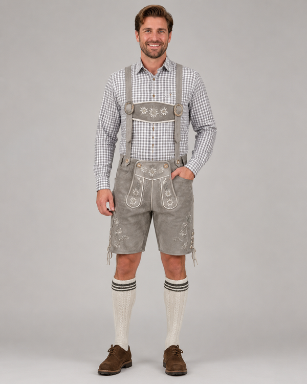 Edelweiss Embroidered Men's Bavarian Lederhosen - Grey - Side Lacing - image 1