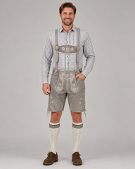 Edelweiss Embroidered Men's Bavarian Lederhosen - Grey - Side Lacing - image 1