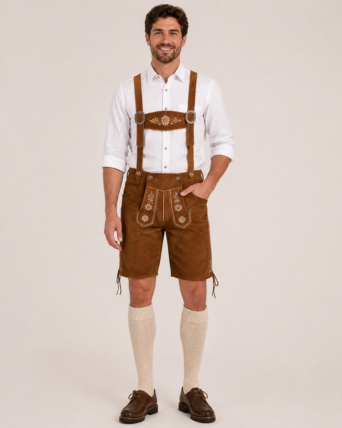 Edelweiss Embroidered Men's Bavarian Lederhosen - Rustic Brown - Side Lacing - image 1