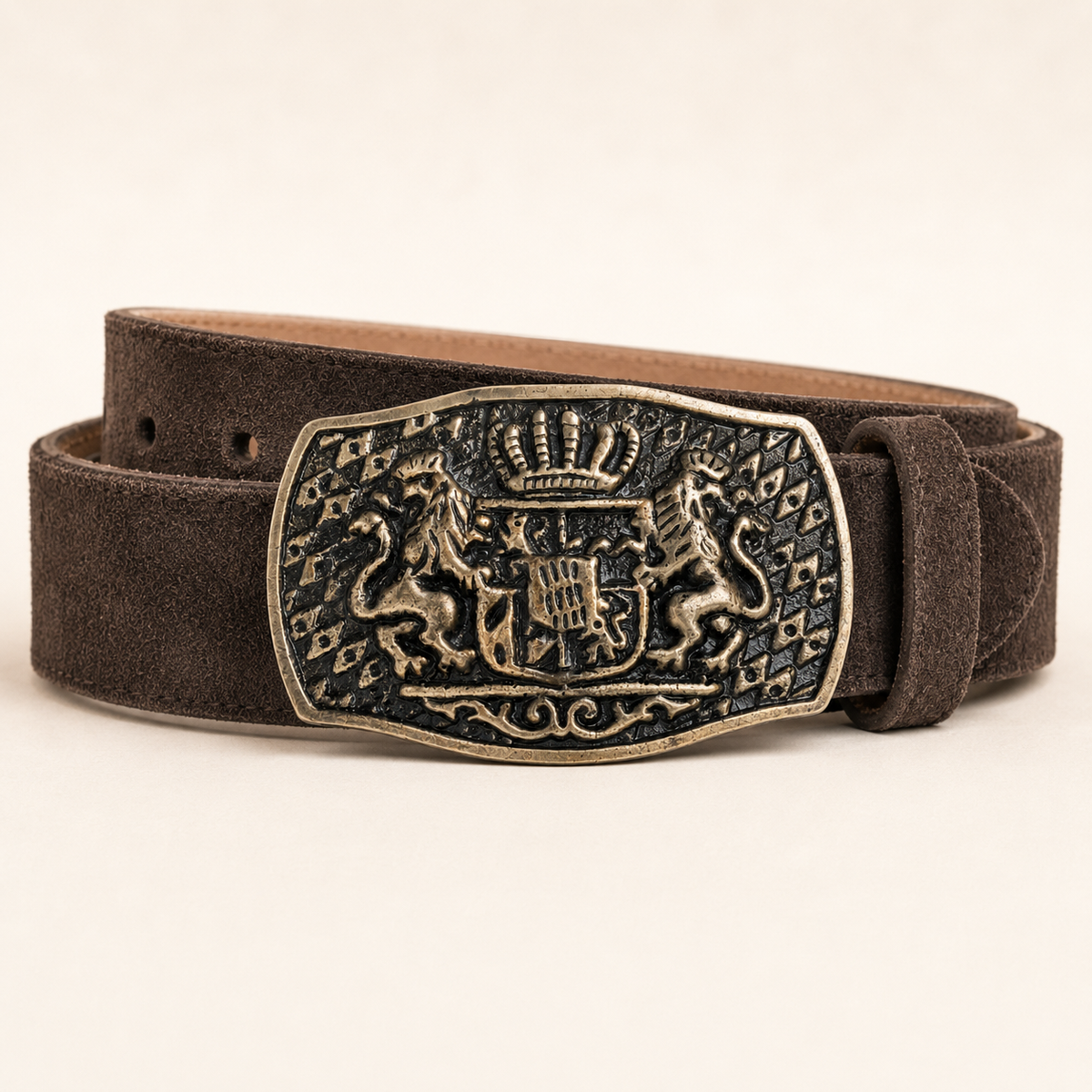 Men's Dark Brown Suede Bavarian Lederhosen Belt - Crowned Bavarian Lion Crest Shield Buckle - product image 1