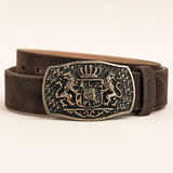 Men's Dark Brown Suede Bavarian Lederhosen Belt - Crowned Bavarian Lion Crest Shield Buckle - product image 1
